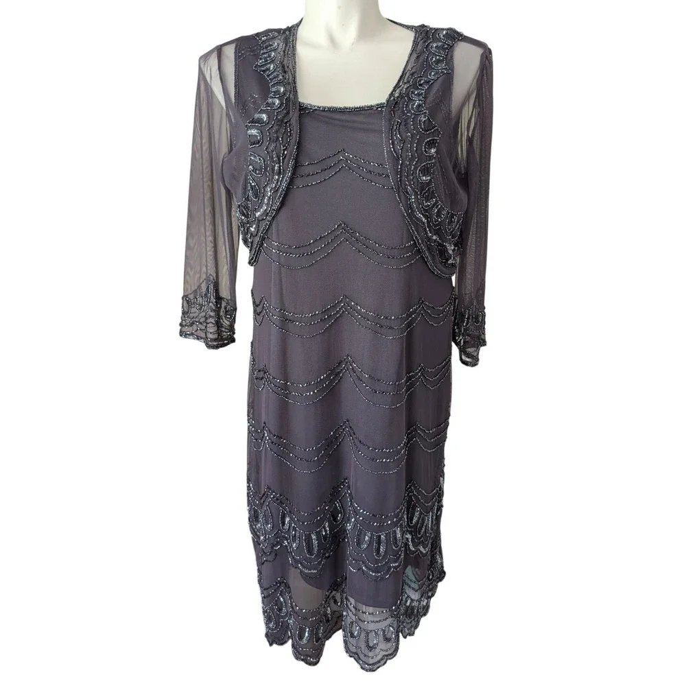 Vintage Art Deco Beaded Purple Mesh Midi Dress Bolero Set Rayon Cocktail Gatsby